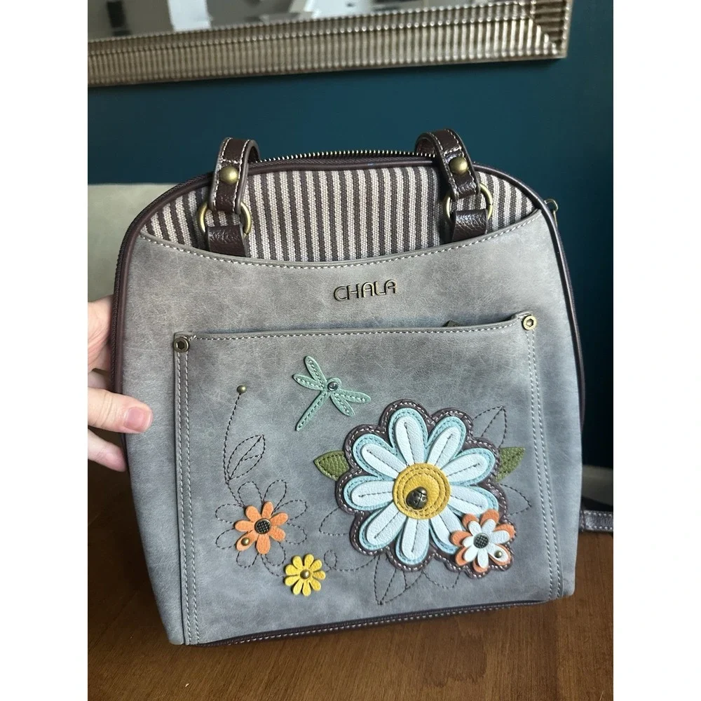 Chala CONVERTIBLE Backpack Purse Shoulder Tote Bag Daisy Gray